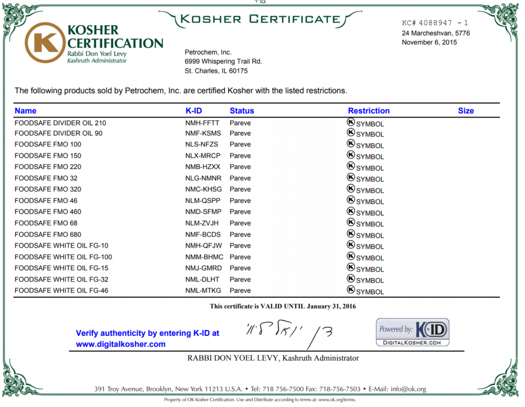 Kosher Certified for Petrochem Lubricants / Oil